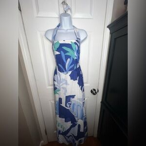NWT White Closet Elements Medium Blue White Linen Greece Halter Maxi Dress M